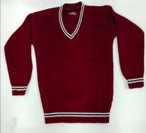 Maroon sweater with white and black trim on a white background